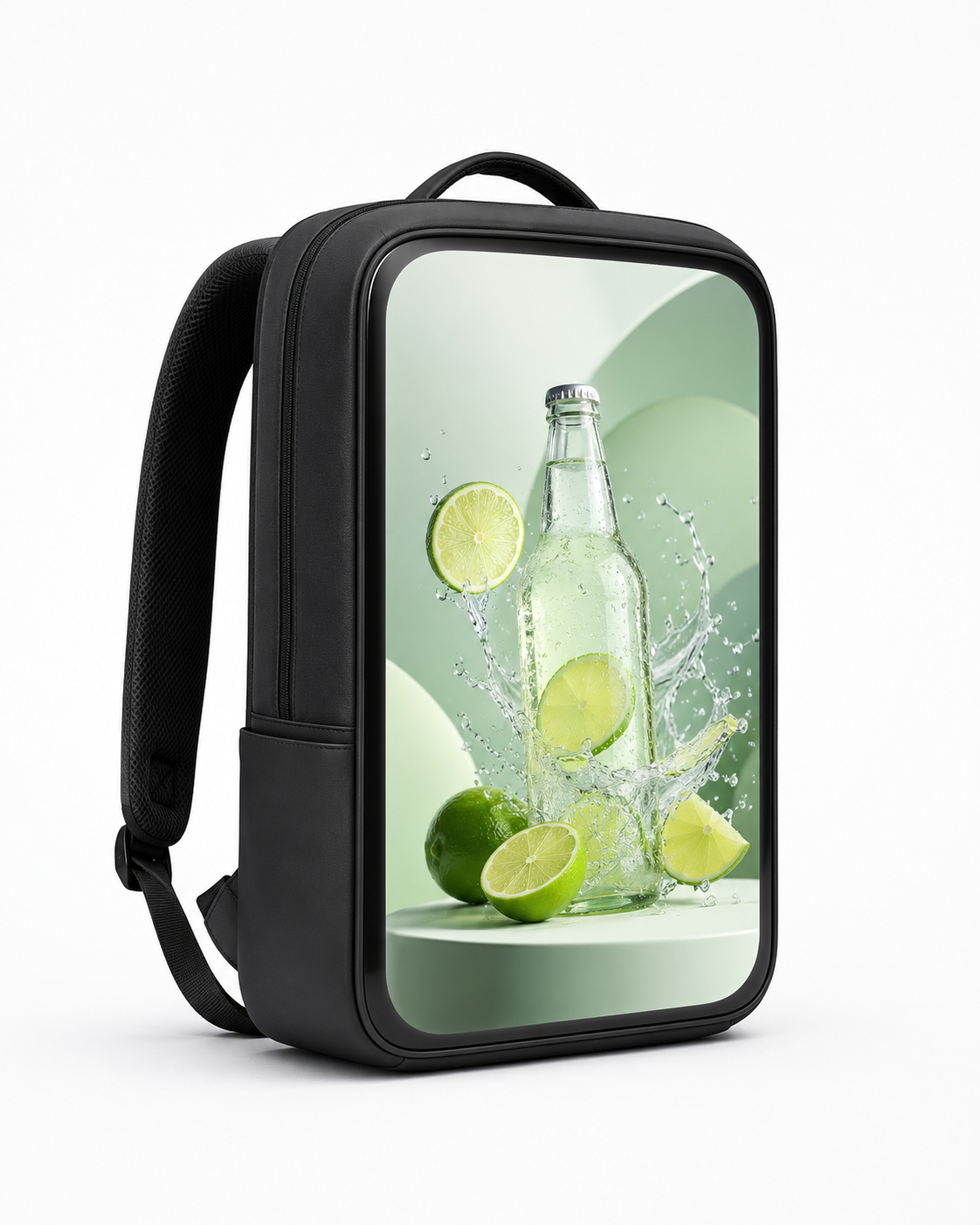 Restaurant-Kampagne auf UWalki Display-Rucksack, Glasfassade im Hintergrund