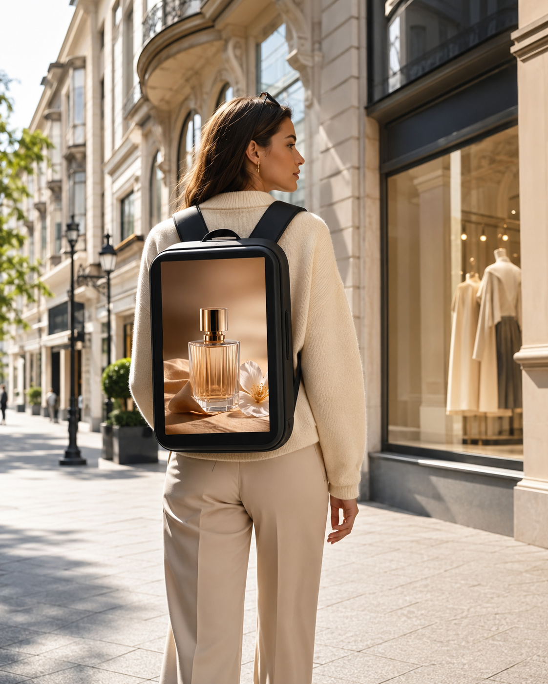 Parfum-Kampagne auf UWalki Display-Rucksack, elegante Einkaufsstrasse