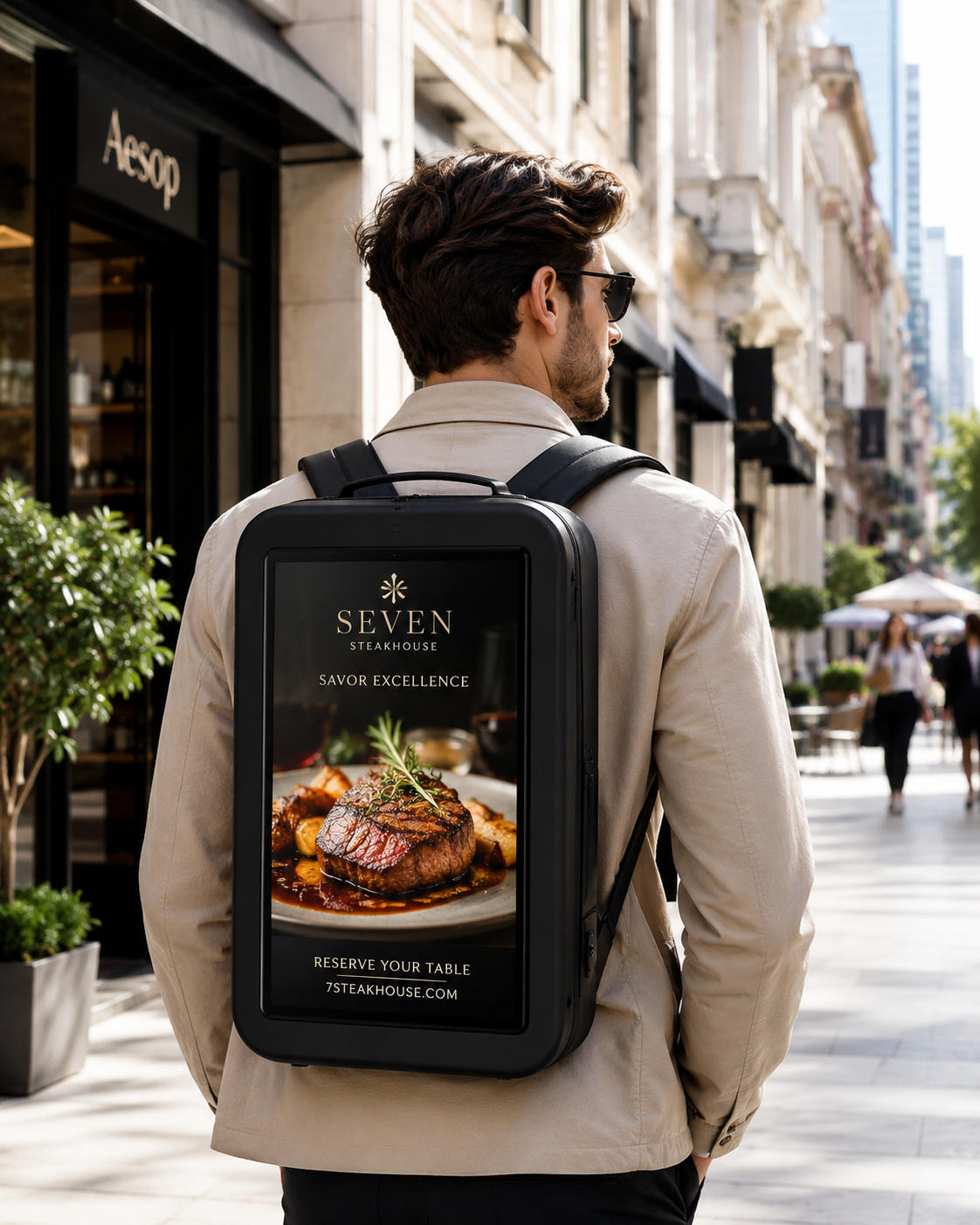 Pure Greens Kampagne auf UWalki Display-Rucksack, moderne Architektur